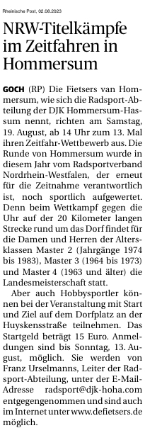 NRW-Titelkämpfe im Zeitfahren in Hommersum (Rheinische Post, 02.08.2023)